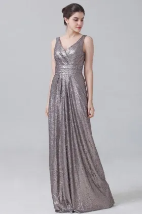 Steel grey sequin vintage inspired sleeveless V neck A line long bridesmaid dress