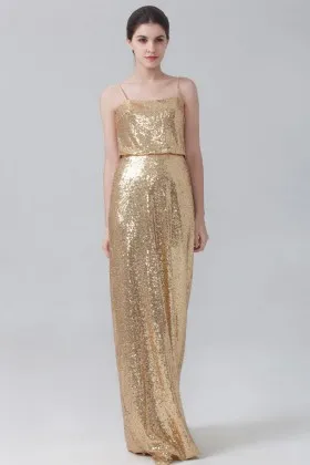 Gold sequin empire waist modern sheath long bridesmaid dress with Spaghetti straps