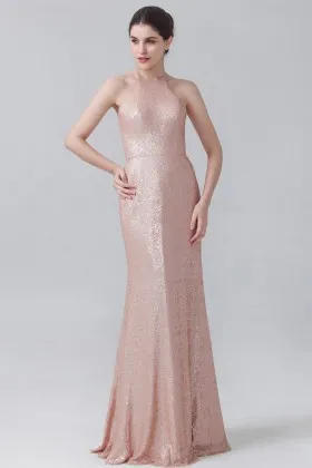 Rose gold full sequin halter crew neckline drop waist mermaid bridesmaid gown
