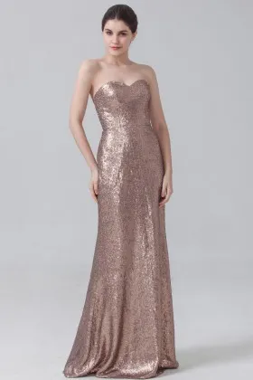 Strapless sweetheart rose gold full sequin floor length A line bridesmaid dress