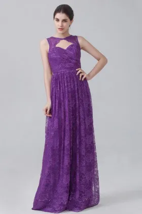 floral purple lace elegant sweetheart keyhole empire waist long bridesmaid dress