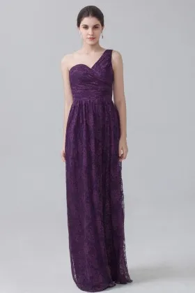 Plum purple lace sweetheart one shoulder empire waist column bridesmaid guest dress