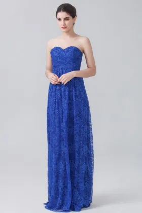 Romantic blue lace strapless sheath long bridesmaid wedding guest dress