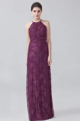 Vintage plum lace halter floor length column wedding party bridesmaid dress
