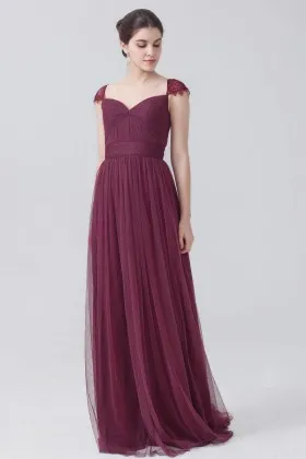 vintage burgundy tulle lace queen anne a line long bridesmaid dress
