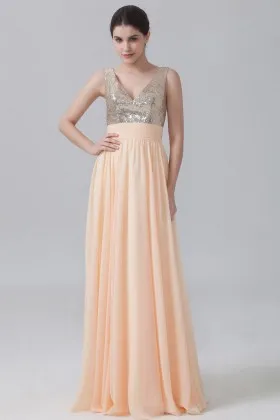 Gold sequin and chiffon sleeveless V neckline empire waist modern bridesmaid dress