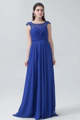 Royal blue chiffon vintage illusion lace bateau neckline long bridesmaid dress