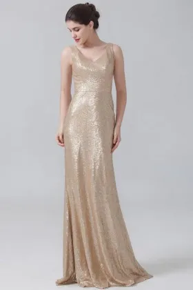 Gold sequin elegant sleeveless V neckline dropped waist mermaid long bridesmaid dress