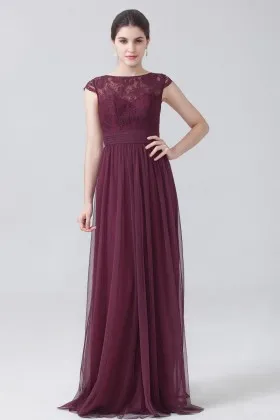 Plum lace and chiffon Illusion bateau neckline cap sleeve vintage bridesmaid gown