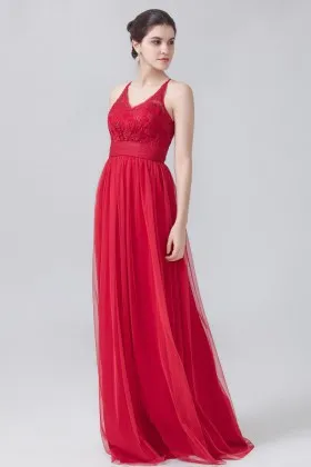 Red lace and tulle casual Halter V neck empire waist floor length bridesmaid dress