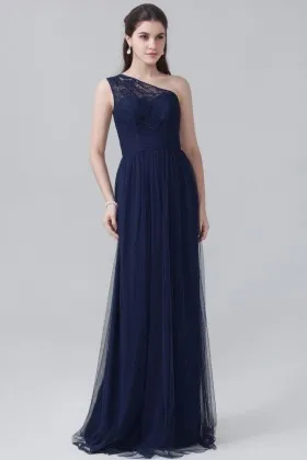 Navy blue Grecian style one shoulder lace and tulle floor length bridal party gown