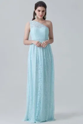 Light blue lace illusion one shoulder empire waist sheath long bridesmaid dress