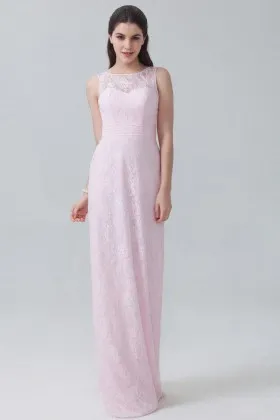 Baby pink lace cute illusion bateau neckline empire waist sheath bridesmaid dress