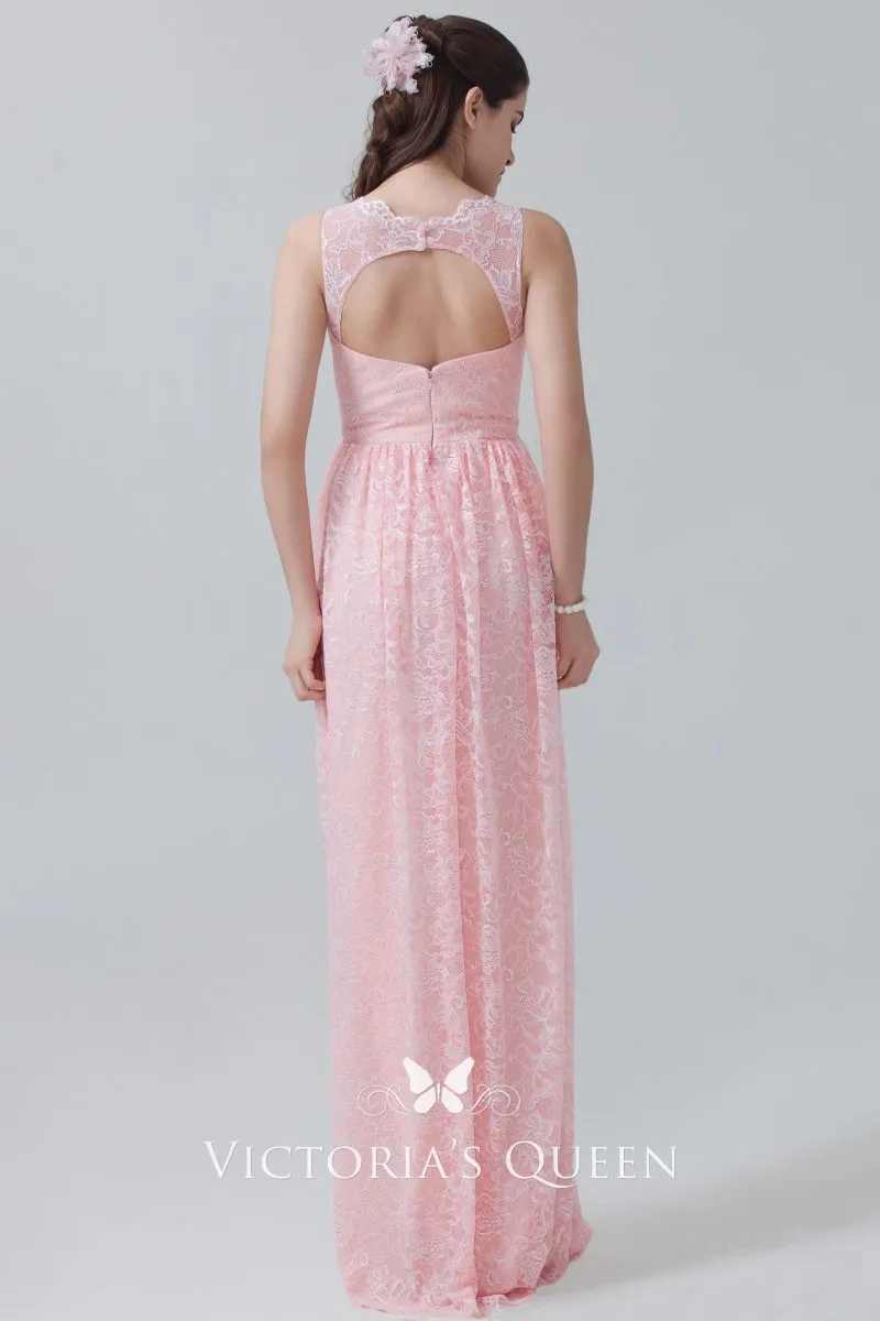 Long Soft Pink Lace Semisweetheart Bridesmaid Dress VQ