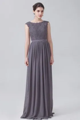 Charcoal grey lace and chiffon vintage cap sleeve boat neckline bridesmaid dress