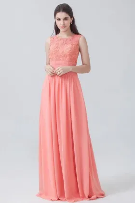 floral coral lace and chiffon illusion jewel neckline sleeveless bridesmaid dress