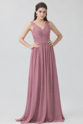 Pleated dusty rose chiffon sleeveless V neckline vintage bridesmaid dress