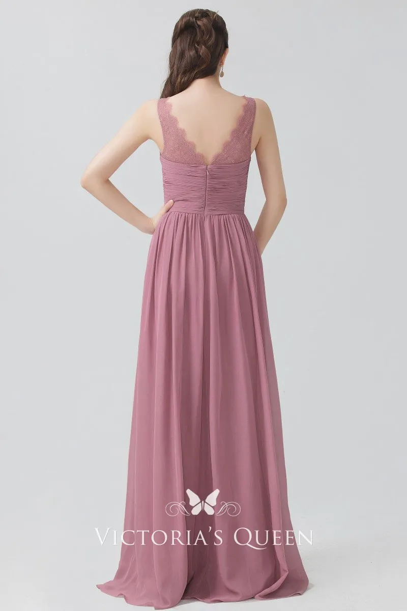 Pleated Dusty Rose Chiffon Sleeveless V Neckline Vintage Bridesmaid