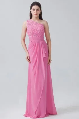 beautiful pink lace and chiffon beaded one shoulder bridesmaid dress