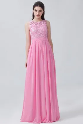 Bright pink lace and chiffon modest sleeveless empire waist long bridesmaid dress