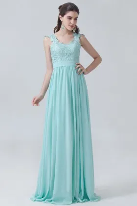 Mint lace and chiffon empire waist scalloped straps A line long bridesmaid dress