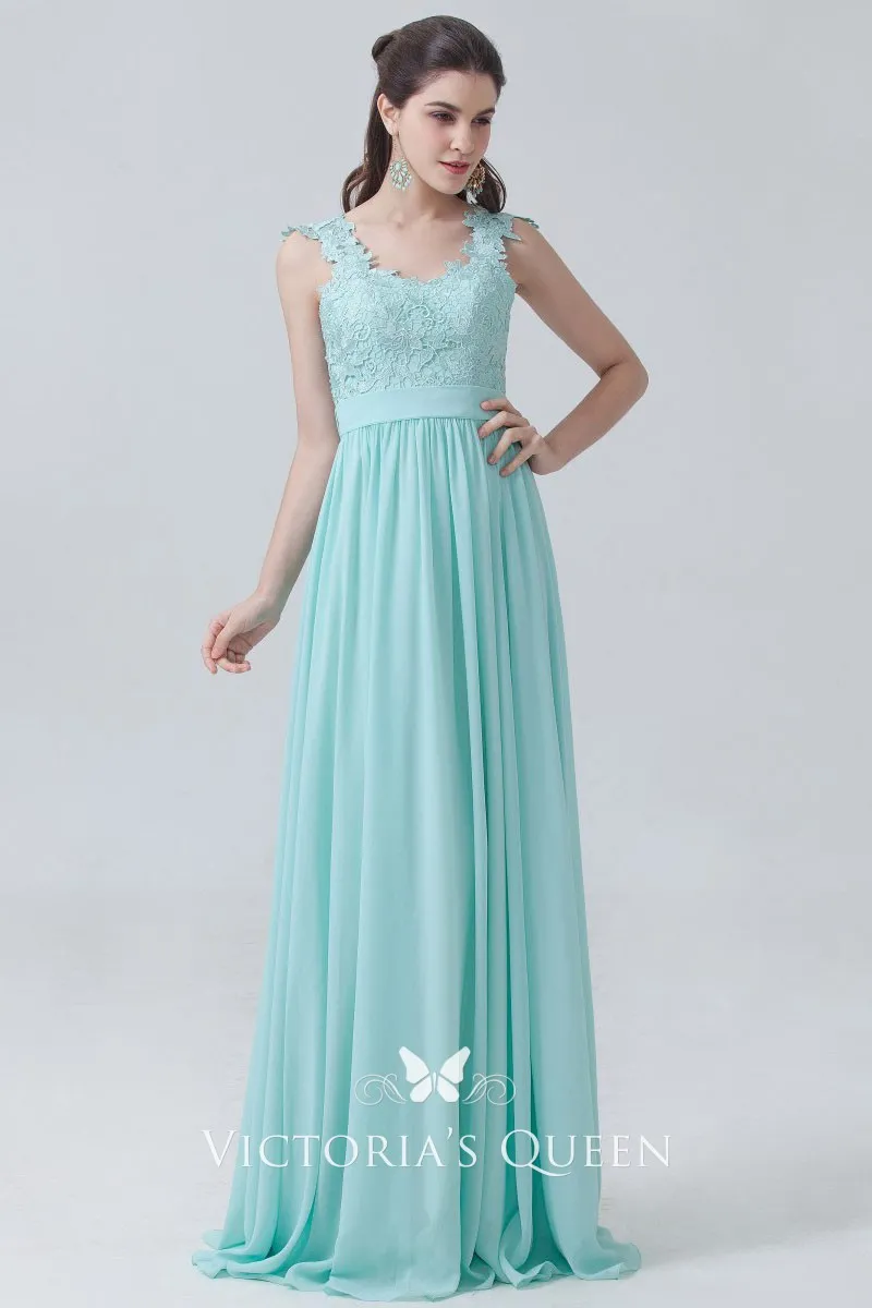 Mint Lace and Chiffon Scalloped Straps Bridesmaid Dress VQ