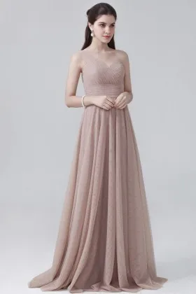 Pleated coffee tulle classical sweetheart one shoulder empire waist bridesmaid dress