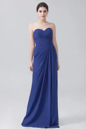 pleated blue chiffon strapless sweetheart simple floor length bridesmaid dress