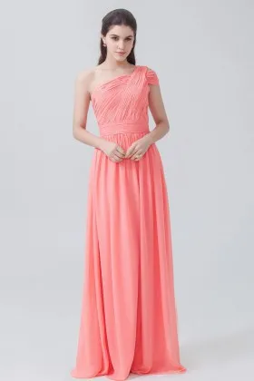 Pleated one shoulder coral chiffon amazing A line long bridesmaid dress