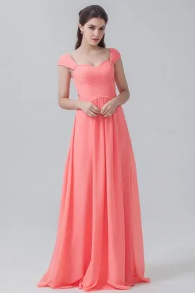 Peach pink pleated chiffon elegant Queen Anne neckline empire bridesmaid dress