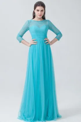 Turquoise lace and tulle Illusion sweetheart long sleeve empire bridal party dress