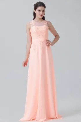 Peach lace and chiffon floral cute illusion floor length A line bridesmaid dress