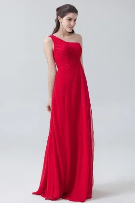 Red chiffon one shoulder A line long bridesmaid formal dress
