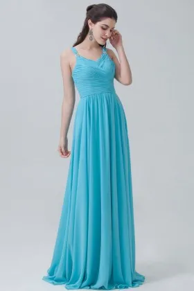 Pool blue pleated chiffon sweet V neckline beaded strap bridesmaid dress