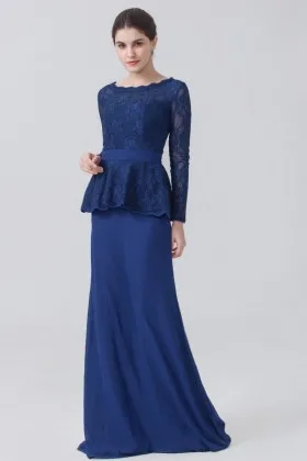 Twilight blue lace and chiffon vintage long sleeve peplum bridesmaid dress