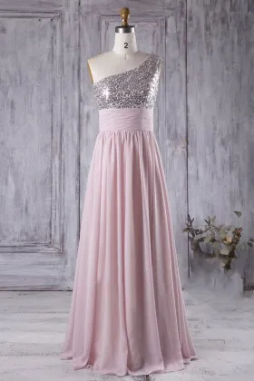 Asymmetrical one shoulder sequin bodice soft pink chiffon empire bridesmaid dress