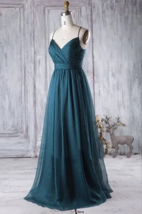teal chiffon crinkle V neckline spaghetti strap A line long bridesmaid gown