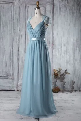 vintage blue chiffon v neckline long bridesmaid dress with lace cap sleeves