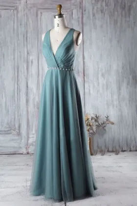 greenish blue classic v neck bridesmaid dress with net overlay