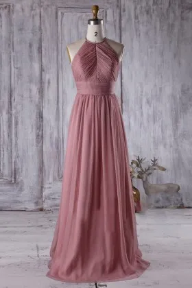 Rose pink modest halter sleeveless pleated chiffon bridesmaid dress