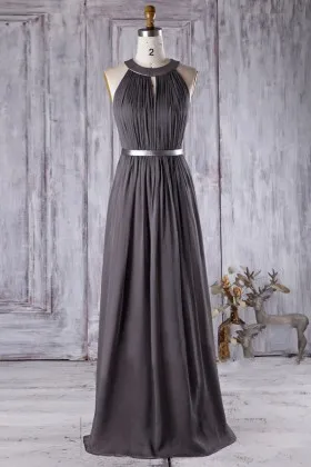 Modest halter charcoal ruched chiffon long bridesmaid dress with ribbon waistband