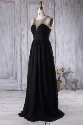 pleated sweetheart illusion black long chiffon modest bridesmaid dress