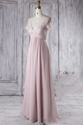 deep v neck and v back vintage pale pink chiffon long bridesmaid dress