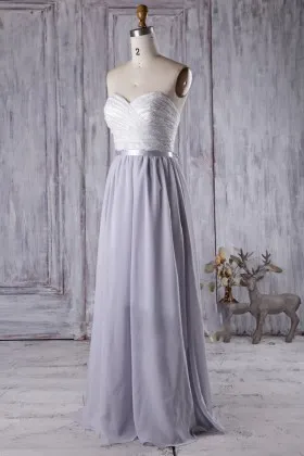 Strapless ruched sweetheart white lace and grey chiffon A line bridesmaid dress