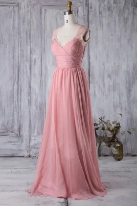 flamingo chiffon queen anne neck vintage a line bridesmaid dress