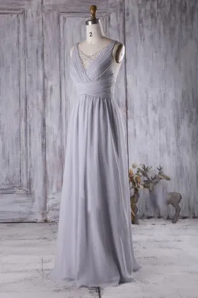 grey chiffon pearls classic A line floor length sleeveless V neck bridesmaid dress