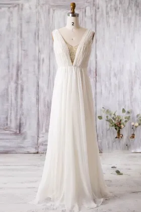 elegant sleeveless v neck cream chiffon a line bridal shower dress
