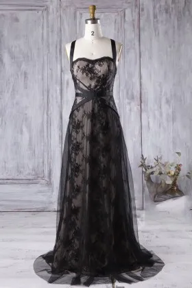 sheer tulle overlay elegant black lace a line straps bridesmaid dress