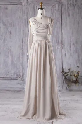 apricot chiffon asymmetrical draped A line long bridesmaid dress