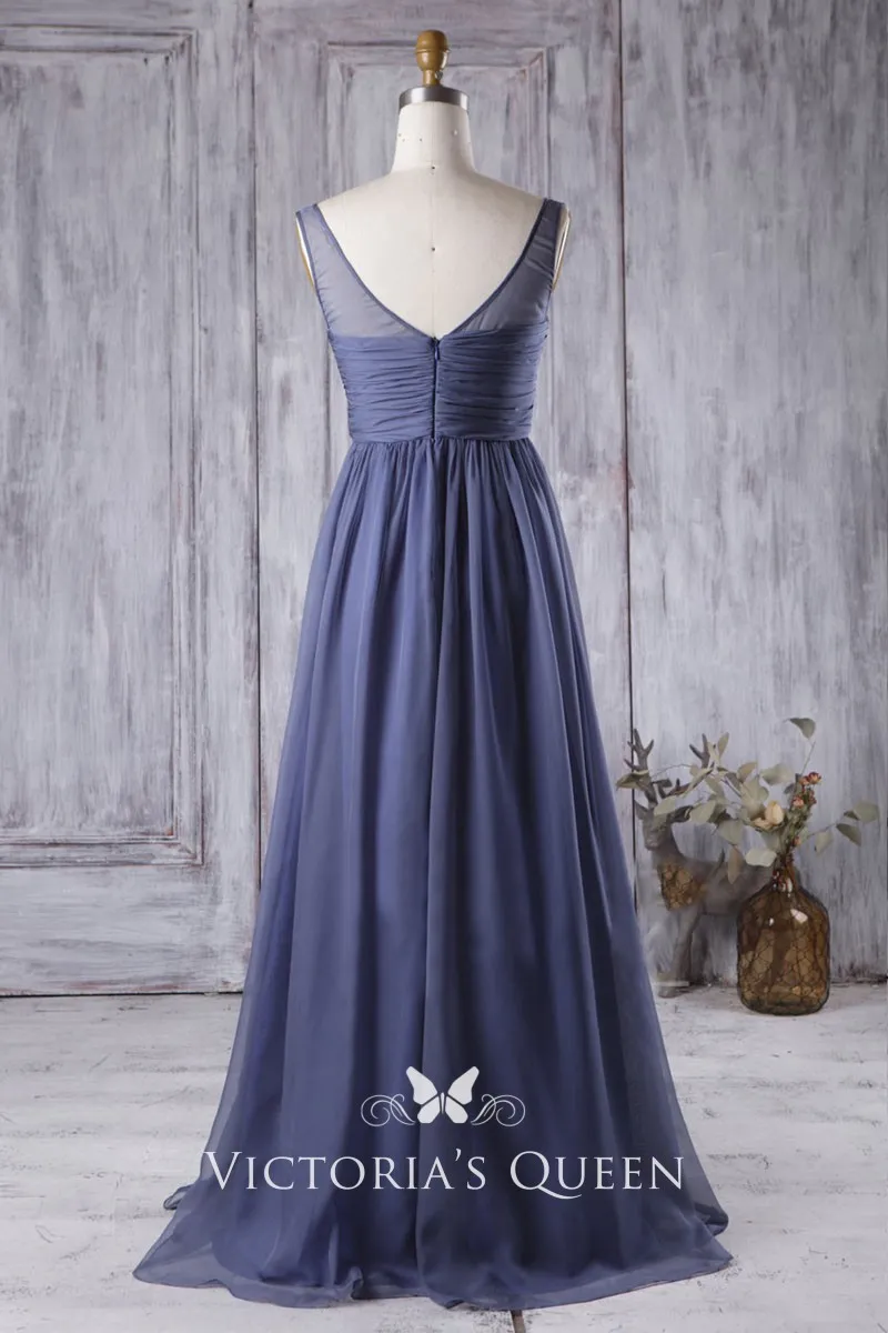 Ruched Vneck Ink Blue Chiffon Flowy Bridesmaid Dress VQ